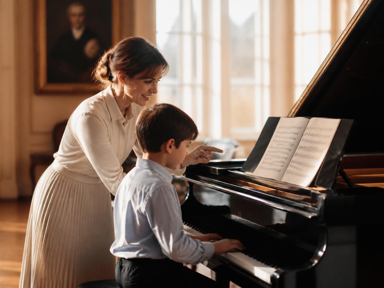 Music teacher guiding a young student at a grand piano in a sunlit CIMS studio
